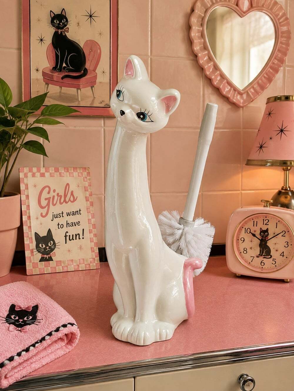 New Vintage Style Ceramic Retro Girl White Cat Toilet Bowl Brush Holder Set